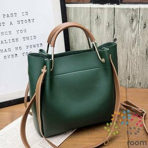 スモーキーレザー レトロバケツトートBAG【グリーン】大型収納 ハンドバッグ ショルダーバッグ セレブ 合皮革 K-094-3