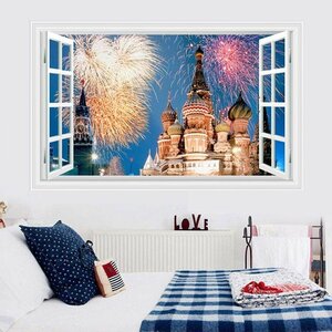 ３D窓【C266 キャッスル 城 夜景×花火1】ウォールステッカー 防水 賃貸OK 壁画アート 壁飾り 壁紙 はがせるシール DIY 壁