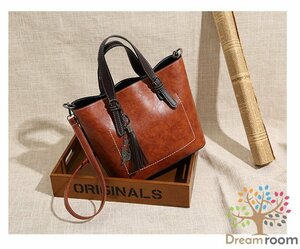 タッセルチャーム付き ミドル レザーバケツトートBAG【ブラウン】 ハンドバッグ ショルダーバッグ セレブ 合皮革 K-095-4