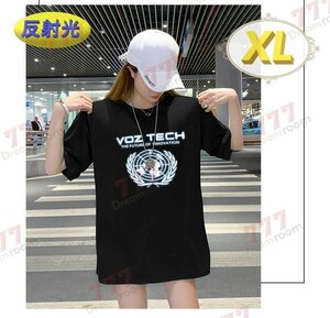 反射光☆光る トライバル ロゴ ビッグTシャツ 【ブラック XL】 半袖 大きめ ゆるカジ K-403