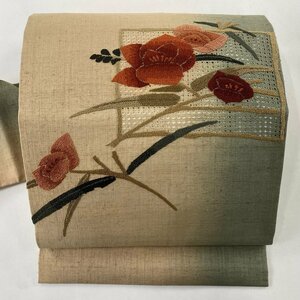 名古屋帯 美品 名品 枝花 刺繍 薄茶色 正絹 【中古】