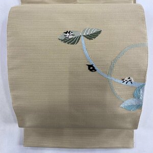 名古屋帯 秀品 松葉仕立て 八寸名古屋帯 葉柄 瓢虫 金糸 薄茶色 正絹 【中古】