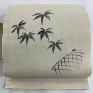 名古屋帯 美品 優品 落款 夏帯 葉柄 虫 ベージュ 正絹 【中古】