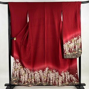 振袖 身丈158.5cm 裄丈66cm M 袷 鈴乃屋 桜 扇面 金彩 ぼかし 赤 正絹 名品 【中古】