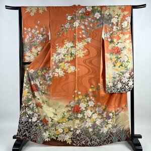 振袖 身丈168cm 裄丈64cm M 袷 枝花 金彩 染め分け オレンジ 正絹 名品 【中古】