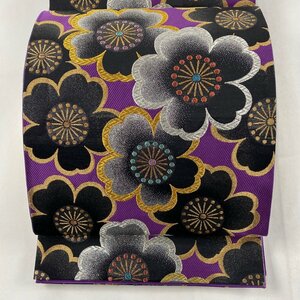 袋帯 美品 秀品 桜 金銀糸 箔 紫 六通 正絹 【中古】