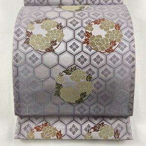 袋帯 美品 秀品 亀甲花菱 花丸文 唐織 灰紫 六通 正絹 【中古】