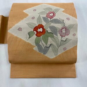 名古屋帯 美品 優品 草花 幾何学 絞り 薄オレンジ 正絹 【中古】