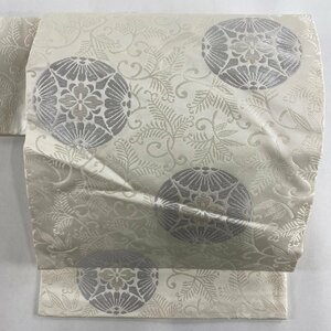 名古屋帯 美品 秀品 唐草 花 刺繍 灰白 正絹 【中古】