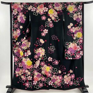 振袖 身丈163cm 裄丈65cm M 袷 花 桜 黒 正絹 美品 名品 【中古】