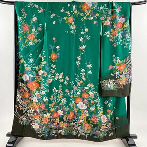 振袖 身丈158.5cm 裄丈68.5cm L 袷 草花 鴛鴦 金糸 緑 正絹 名品 【中古】