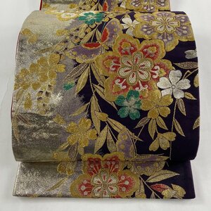 袋帯 秀品 振袖向き 華文 藤 金糸 箔 金色 六通 正絹 【中古】