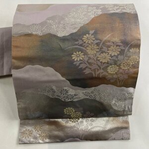 名古屋帯 優品 草花 金銀糸 箔 灰紫 正絹 【中古】