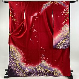 振袖 身丈173cm 裄丈67.5cm L 袷 鞠 桜 金通し 染め分け 赤 正絹 名品 【中古】