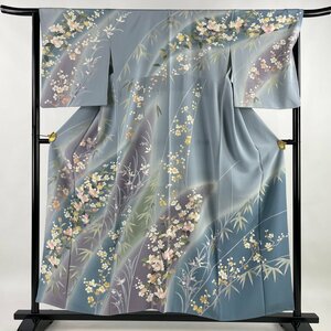 訪問着 身丈156.5cm 裄丈65cm M 袷 枝花 笹 染め分け ぼかし 青灰色 正絹 美品 逸品 【中古】