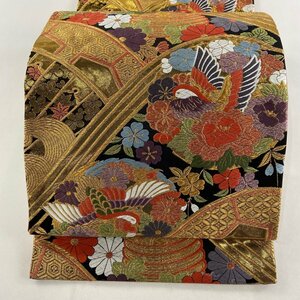 袋帯 美品 秀品 振袖向き 花鳥 糸巻き 金糸 唐織 金色 六通 正絹 【中古】