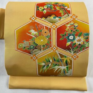 名古屋帯 美品 優品 亀甲 花鳥 金彩 薄オレンジ 正絹 【中古】