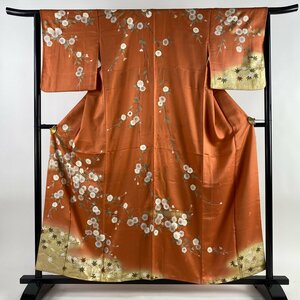 訪問着 身丈157.5cm 裄丈65.5cm M 袷 枝桜 紅葉 金糸 金彩 オレンジ 正絹 優品 【中古】