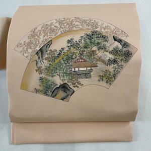 名古屋帯 美品 優品 扇面 建物 金彩 薄ピンク 正絹 【中古】