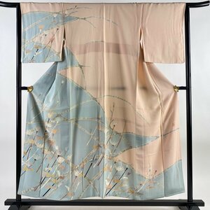 訪問着 身丈155.5cm 裄丈63cm S 袷 落款 菊 幾何学模様 金彩 染め分け 水色 正絹 秀品 【中古】