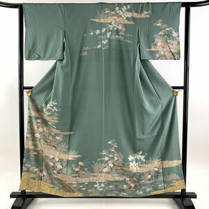 訪問着 身丈157.5cm 裄丈62.5cm S 袷 草花 橋 金糸 金銀彩 灰緑 正絹 秀品 【中古】