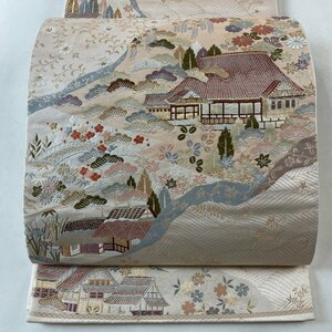 袋帯 秀品 建物 松竹梅 金糸 箔 ベージュ 六通 正絹 【中古】