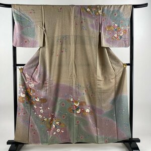 訪問着 身丈157cm 裄丈66.5cm M 袷 菊 ヱ霞 金糸 金彩 薄茶色 正絹 名品 【中古】