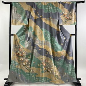 訪問着 身丈164cm 裄丈68cm L 袷 草花 梅 金彩 灰紫 正絹 名品 【中古】