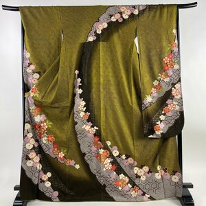 振袖 身丈170.5cm 裄丈66.5cm M 袷 桜 雪輪 金彩 絞り 茶緑色 正絹 逸品 【中古】