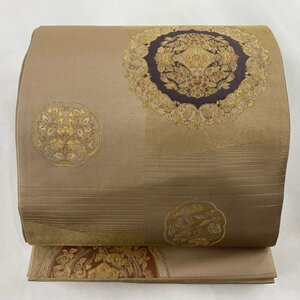 袋帯 美品 秀品 落款 華文 鳥 金銀糸 箔 薄茶色 六通 正絹 【中古】