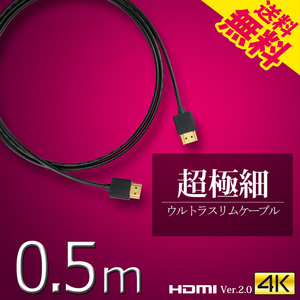 HDMIケーブル ウルトラスリム 0.5m 50cm 超極細 直径約3mm Ver2.0 4K 60Hz Nintendo switch PS4 XboxOne ネコポス 送料無料