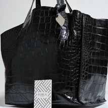 希少 大容量 フルラ クロコ トートバッグ 本革 レザー FURLA ブラック ビジネスバッグ ブリーフケース メンズ 仕事 A4可 鞄 三室 チャーム_画像1