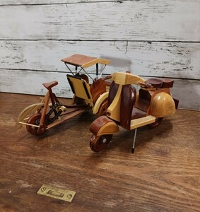 ヴィンテージ 木製 バイク 置物 2点セット トゥクトゥク 三輪 自転車 木工品 オブジェ インテリア
