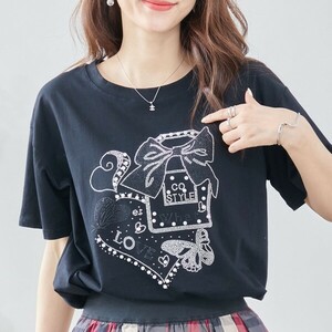 新品 ブラック 黒 M~L Tシャツ レディース カットソー パール ラインストーン ハートデザイン 半袖 コットン オシャレ 夏 50代 コーデ