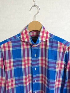 極美品　ORIAN　オリアン　シャツ　37　vintage　ボイル生地　カッタウェイ　ブルー×ピンク　チェック柄　イタリア製
