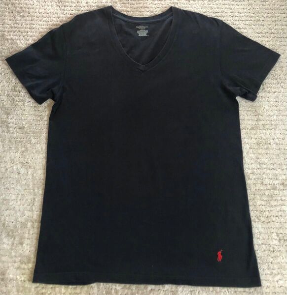 POLO Ralph Lauren ブラック×赤ロゴ刺繍 Vネック Tシャツ M