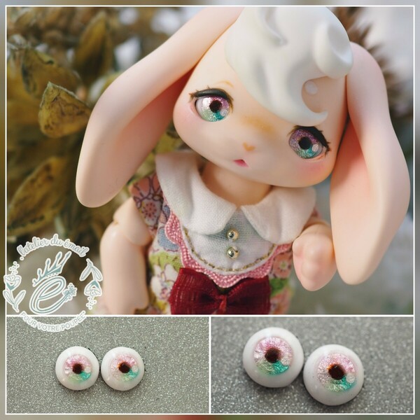 【B品】8mm/5.5mm ピンク×グリーン 水彩タイプ 七宝グラスアイ