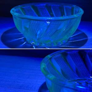 MS948 ウランガラス 蓋付小物入れ 小皿 4点 まとめて 気泡 蓋物 プレスドグラス ※1点ウラン反応なし？ (検)大正ロマン 硝子 青 緑の画像9