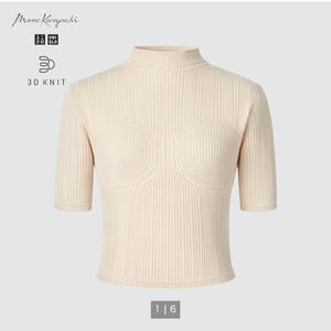 UNIQLO ユニクロ 3Dメッシュセーター(5分袖) マメクロ ニット 半袖 シアー 透かし編み アイボリー 淡色 XL 美品