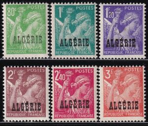 ak860-3 アルジェリア 1945-7 加刷 #191-201,207-9 1枚に少ししみがあり