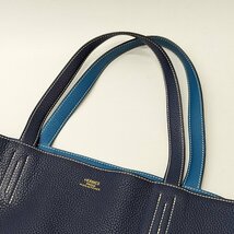 エルメス HERMES ドゥブルセンス45 トリヨンクレマンス □R刻 ネイビー ライトブルー リバーシブル レザー トートバッグ_画像9