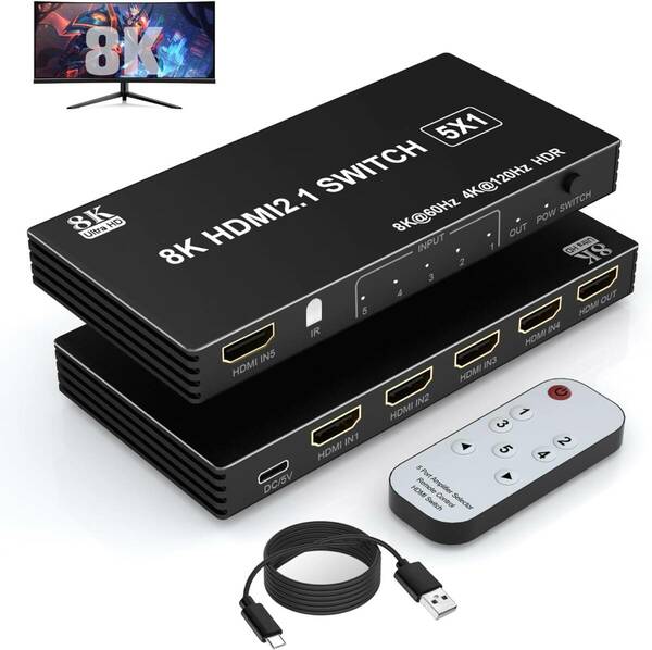 8K HDMI2.1切替器 5入力1出力 8K@60Hz/4K@120Hz HDMIセレクター HDMI切替器リモコン付き