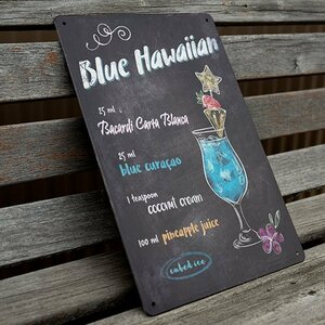 【ブリキ看板】ブルーハワイ Blue Hawaii カクテル BAR ガレージ レトロ風 インテリア 店舗 カフェ 壁飾り 20cm×30㎝（送料無料！）