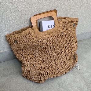 ウッド ハンドル ストロー バッグ ブラウン A4サイズ収納可 大容量 かごバッグ
