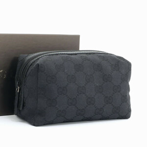 1円 美品 グッチ GUCCI GGキャンバス×レザー 化粧ポーチ 小物入れ マルチケース レディース ブラック 29595 箱付き