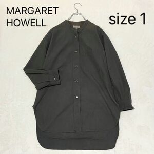 MARGARET HOWELL マーガレットハウエル バンドカラーシャツ オリーブグレー サイズ1 大きめサイズ レディース 春夏