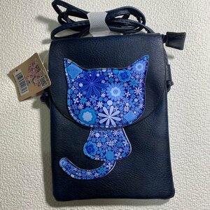 スマホ入れショルダーバッグ 花柄キャットポシェット ネイビー