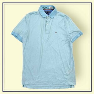 TOMMY HILFIGER トミーヒルフィガー 襟内側デザイン ロゴ刺繍 半袖 ポロシャツ サイズL/水色系 メンズ
