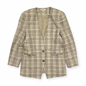 シルク混!!◆DAKS ダックス グレンチェック柄 ウール 2B ノーカラージャケット サイズ 7AR/ベージュ系/レディース