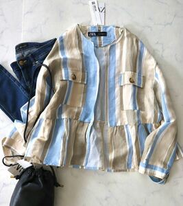 ZARA ザラ 未使用タグ付き ストライプ ノーカラー ブラウス ぺプラム トップス 羽織り ジャケット リネンブレンド Lサイズ